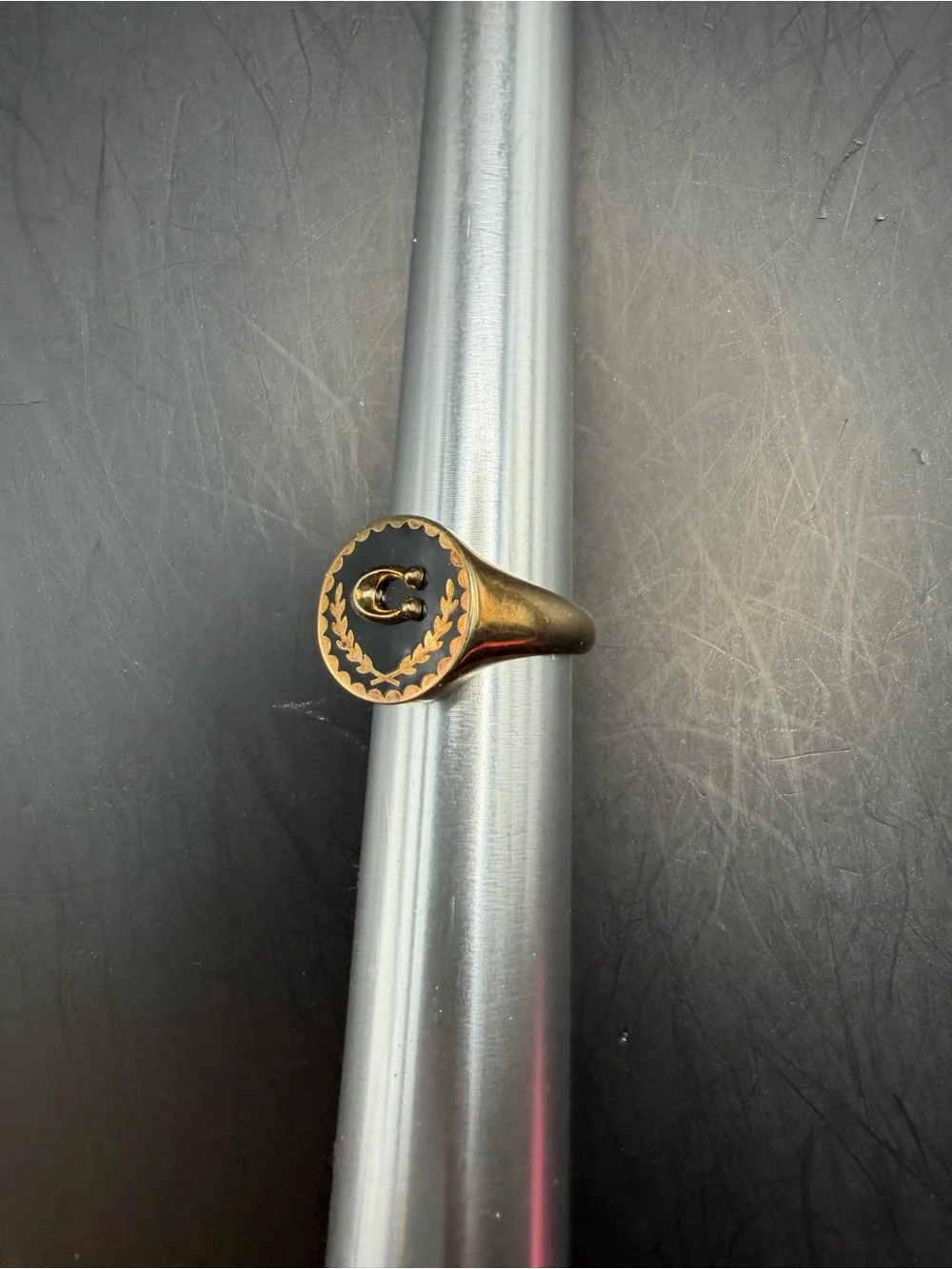 COACH Gold tone and Black Enamel C Initial Signet Ring size 7